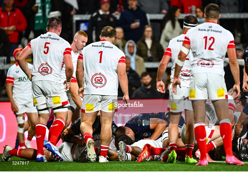 26 September 2025; Shane Lewis-Hughes of Dragons, obscured, scores his side's third try during the United Rugby Championship match between Ulster and Dragons at Affidea Stadium in Belfast. Photo by Shauna Clinton/Sportsfile