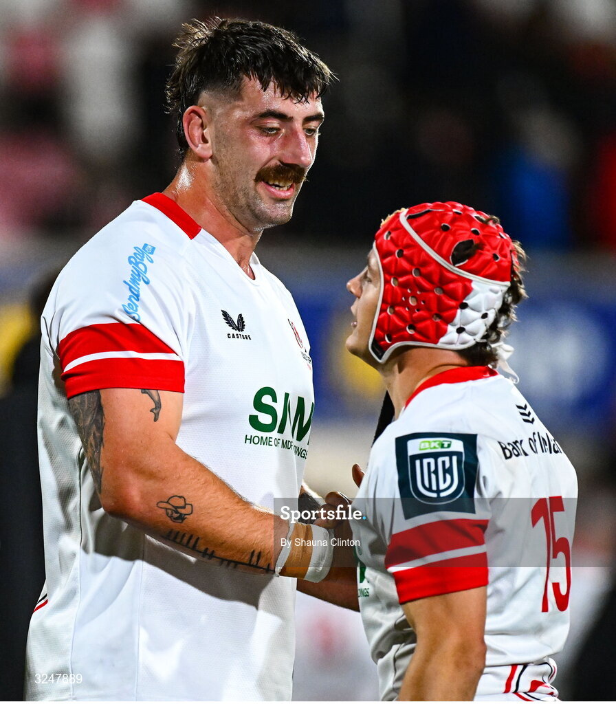 26 September 2025; Matthew Dalton of Ulster, left, and Michael Lowry after their side's victory in the United Rugby Championship match between Ulster and Dragons at Affidea Stadium in Belfast. Photo by Shauna Clinton/Sportsfile