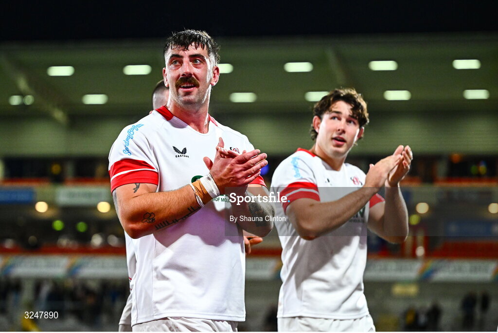 26 September 2025; Matthew Dalton of Ulster, left, and David McCann after their side's victory in the United Rugby Championship match between Ulster and Dragons at Affidea Stadium in Belfast. Photo by Shauna Clinton/Sportsfile Photo by Shauna Clinton/Sportsfile