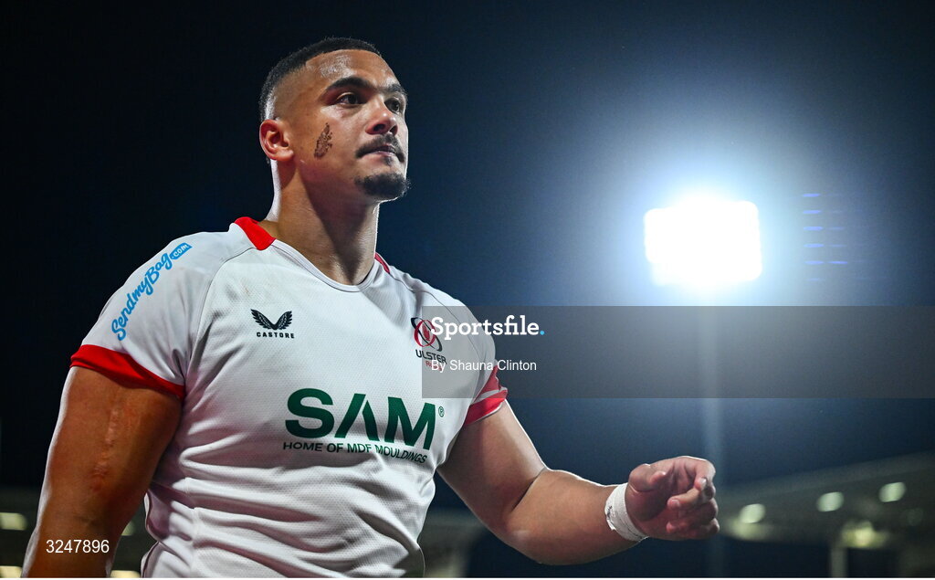 26 September 2025; Juarno Augustus of Ulster after his side's victory in the United Rugby Championship match between Ulster and Dragons at Affidea Stadium in Belfast. Photo by Shauna Clinton/Sportsfile