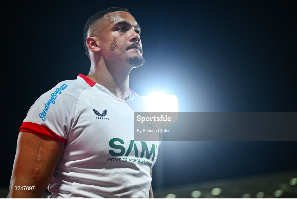 26 September 2025; Juarno Augustus of Ulster after his side's victory in the United Rugby Championship match between Ulster and Dragons at Affidea Stadium in Belfast. Photo by Shauna Clinton/Sportsfile