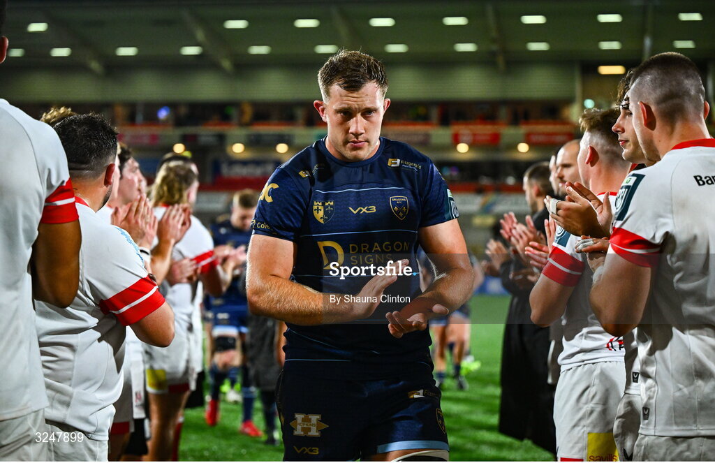 26 September 2025; Ben Carter of Dragons after his side's defeat in the United Rugby Championship match between Ulster and Dragons at Affidea Stadium in Belfast. Photo by Shauna Clinton/Sportsfile