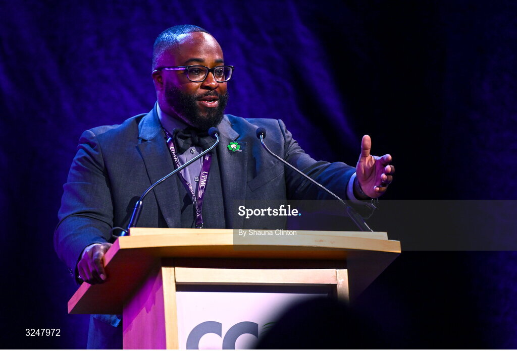 27 September 2025; David Silver Professor and Chair of UPMC Orthopaedic Care, USA, MaCalus Hogan, MD, MDA during the UPMC Orthopaedic Care and Sports Medicine Conference at The Convention Centre in Dublin. Photo by Shauna Clinton/Sportsfile