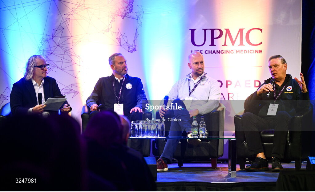 27 September 2025; Attendees, from left, MC Ger Gilroy, Pittsburgh Steelers head team physician Aaron V. Mares, MD, Pittsburgh Steelers sports medicine specialist and team physician Craig Mauro, MD, and Pittsburgh Steelers head team physician James P. Bradley, MD, during the UPMC Orthopaedic Care and Sports Medicine Conference at The Convention Centre in Dublin. Photo by Shauna Clinton/Sportsfile