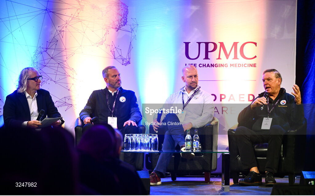 27 September 2025; Attendees, from left, MC Ger Gilroy, Pittsburgh Steelers head team physician Aaron V. Mares, MD, Pittsburgh Steelers sports medicine specialist and team physician Craig Mauro, MD, and Pittsburgh Steelers head team physician James P. Bradley, MD, during the UPMC Orthopaedic Care and Sports Medicine Conference at The Convention Centre in Dublin. Photo by Shauna Clinton/Sportsfile