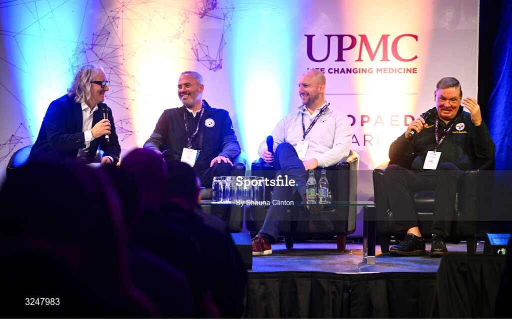 27 September 2025; Attendees, from left, MC Ger Gilroy, Pittsburgh Steelers head team physician Aaron V. Mares, MD, Pittsburgh Steelers sports medicine specialist and team physician Craig Mauro, MD, and Pittsburgh Steelers head team physician James P. Bradley, MD, during the UPMC Orthopaedic Care and Sports Medicine Conference at The Convention Centre in Dublin. Photo by Shauna Clinton/Sportsfile
