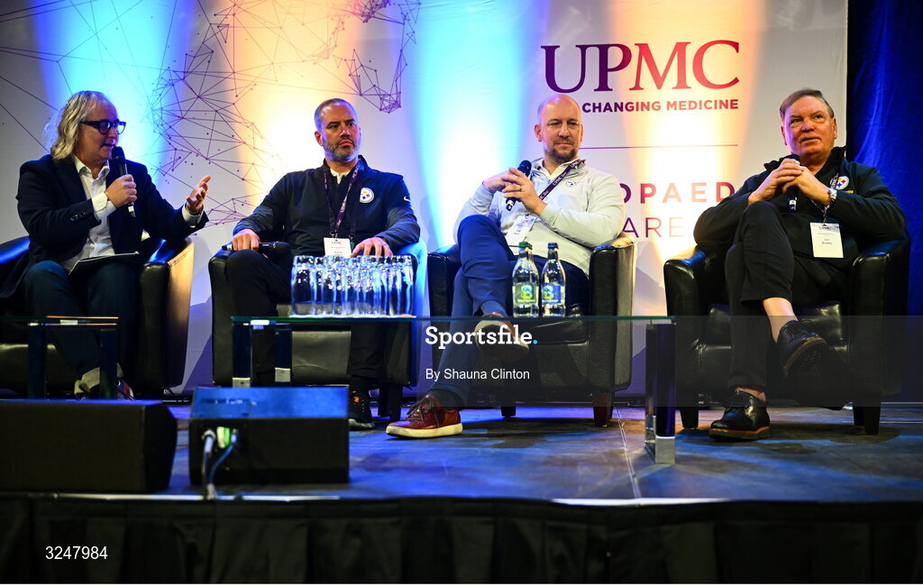 27 September 2025; Attendees, from left, MC Ger Gilroy, Pittsburgh Steelers head team physician Aaron V. Mares, MD, Pittsburgh Steelers sports medicine specialist and team physician Craig Mauro, MD, and Pittsburgh Steelers head team physician James P. Bradley, MD, during the UPMC Orthopaedic Care and Sports Medicine Conference at The Convention Centre in Dublin. Photo by Shauna Clinton/Sportsfile