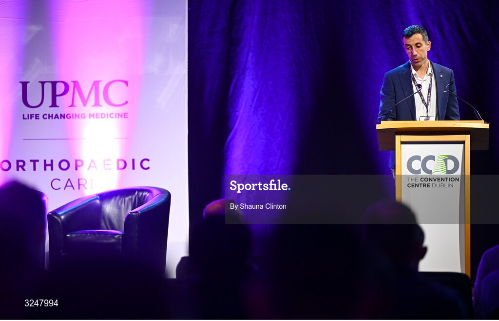 27 September 2025; UPMC Concussion Clinical Specialist John Courell during the UPMC Orthopaedic Care and Sports Medicine Conference at The Convention Centre in Dublin. Photo by Shauna Clinton/Sportsfile