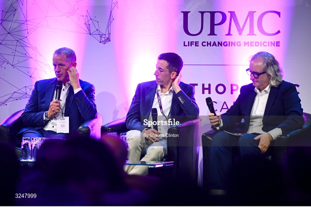 27 September 2025; Attendees, from left, UPMC Concussion Program director Michael Collins PhD, UPMC Concussion Clinical Specialist John Courell and MC Ger Gilroy, Newstalk Radio, during the UPMC Orthopaedic Care and Sports Medicine Conference at The Convention Centre in Dublin. Photo by Shauna Clinton/Sportsfile