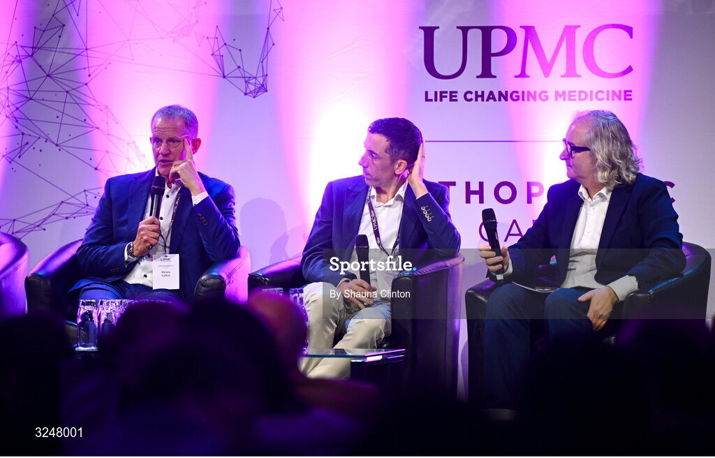 27 September 2025; Attendees, from left, UPMC Concussion Program director Michael Collins PhD, UPMC Concussion Clinical Specialist John Courell and MC Ger Gilroy, Newstalk Radio, during the UPMC Orthopaedic Care and Sports Medicine Conference at The Convention Centre in Dublin. Photo by Shauna Clinton/Sportsfile