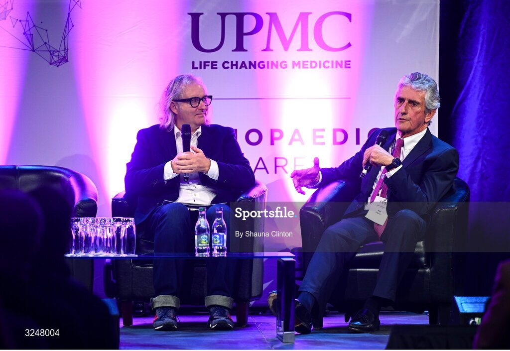 27 September 2025; MC Ger Gilroy, left, speaks with Consultant Orthopaedic Surgeon Ray Moran during the UPMC Orthopaedic Care and Sports Medicine Conference at The Convention Centre in Dublin. Photo by Shauna Clinton/Sportsfile