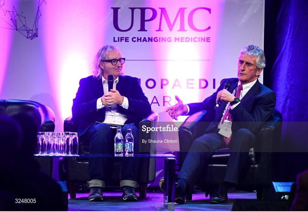 27 September 2025; MC Ger Gilroy, left, speaks with Consultant Orthopaedic Surgeon Ray Moran during the UPMC Orthopaedic Care and Sports Medicine Conference at The Convention Centre in Dublin. Photo by Shauna Clinton/Sportsfile