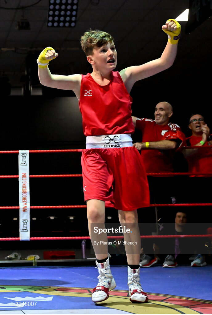 19 September 2025; Harry Reddington of Cherry Orchard BC Dublin celebrates after defeating Jude Reilly of Immaculata ABC Belfast during their 42kg bout at the 2025 IABA National U17 Championship Finals at the National Boxing Stadium in Dublin. Photo by Piaras Ó Mídheach/Sportsfile