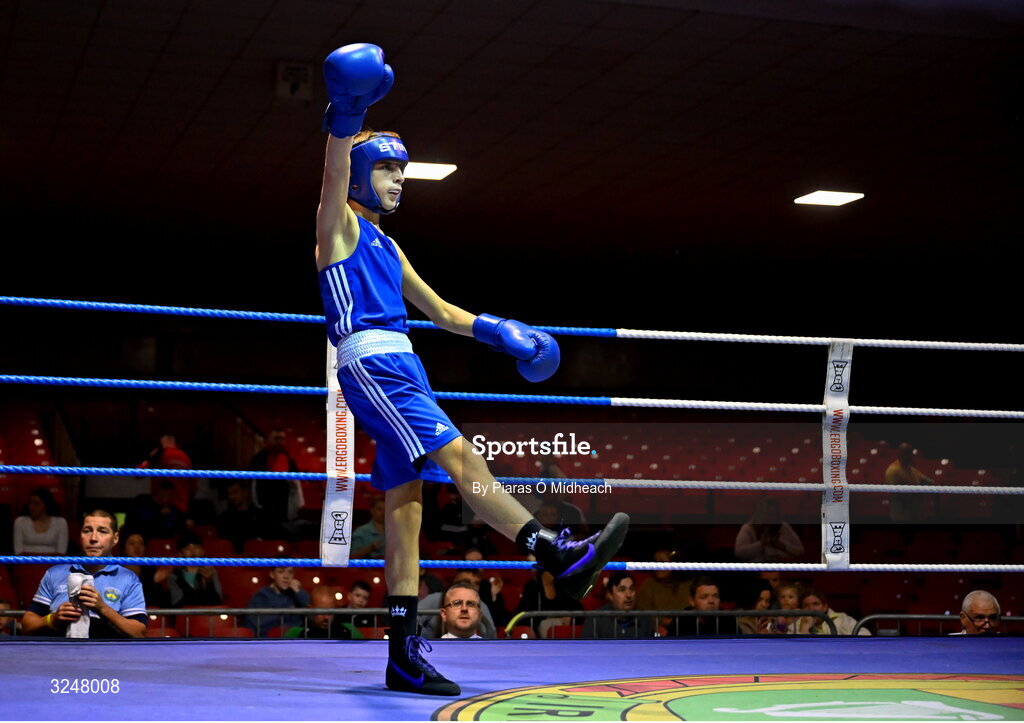 19 September 2025; Jude Reilly of Immaculata ABC Belfast before the 42kg bout against Harry Reddington of Cherry Orchard BC Dublin during the 2025 IABA National U17 Championship Finals at the National Boxing Stadium in Dublin. Photo by Piaras Ó Mídheach/Sportsfile