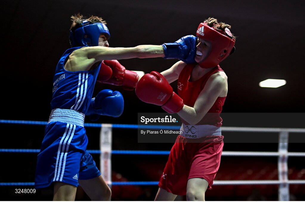 19 September 2025; Harry Reddington of Cherry Orchard BC Dublin, right, in action against Jude Reilly of Immaculata ABC Belfast during their 42kg bout at the 2025 IABA National U17 Championship Finals at the National Boxing Stadium in Dublin. Photo by Piaras Ó Mídheach/Sportsfile