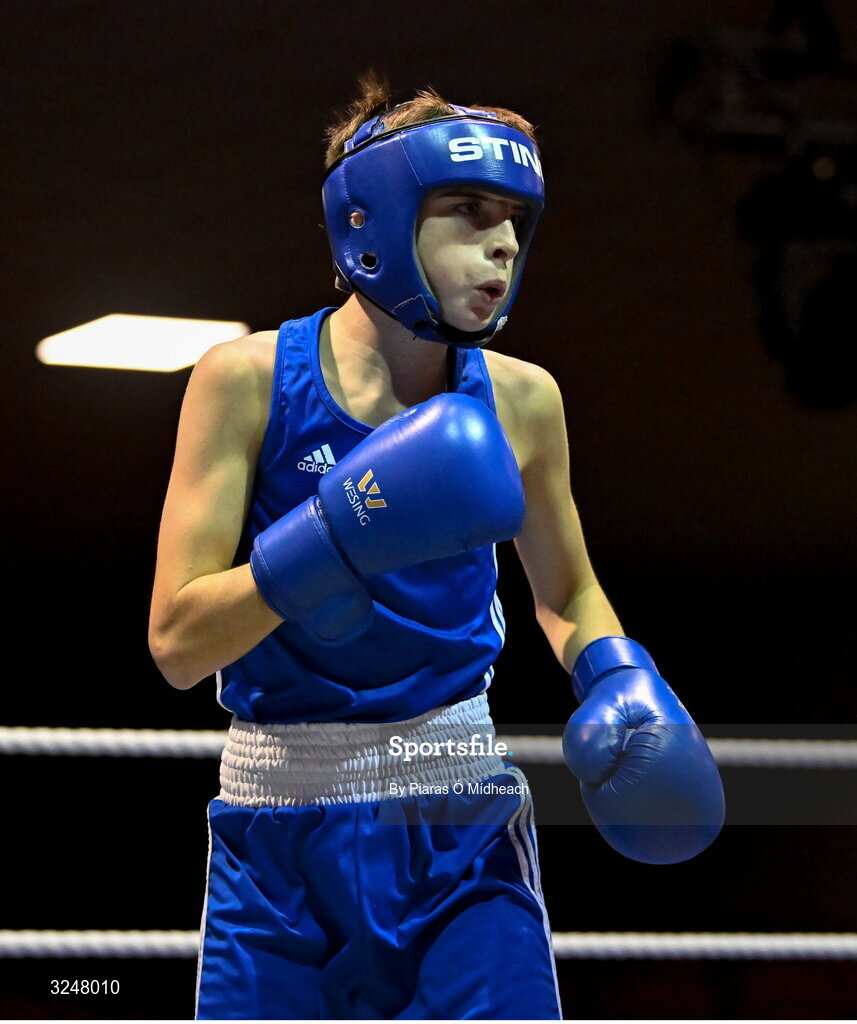 19 September 2025; Jude Reilly of Immaculata ABC Belfast in action against Harry Reddington of Cherry Orchard BC Dublin during their 42kg bout at the 2025 IABA National U17 Championship Finals at the National Boxing Stadium Photo by Piaras Ó Mídheach/Sportsfile