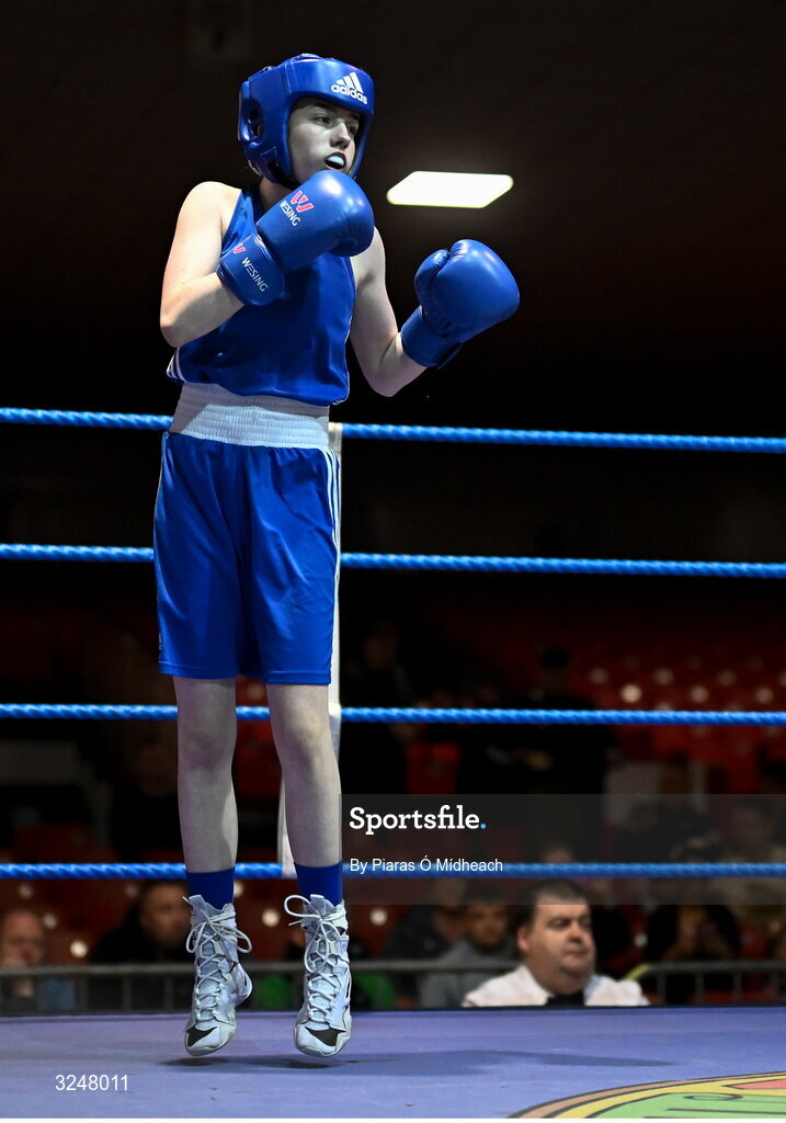 19 September 2025; Alanna Berry of Donore BC Dublin in action against Louise Joyce of Olympic BC Mullingar Westmeath during their 46kg bout at the 2025 IABA National U17 Championship Finals at the National Boxing Stadium in Dublin. Photo by Piaras Ó Mídheach/Sportsfile