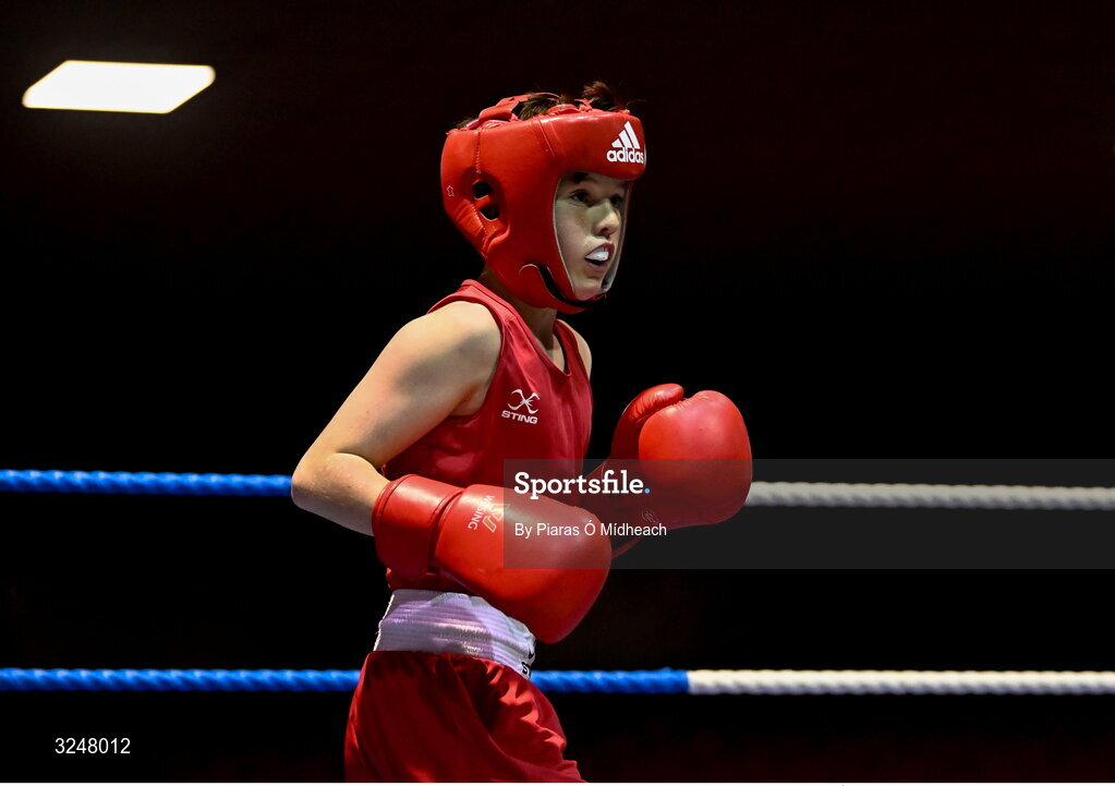 19 September 2025; Harry Reddington of Cherry Orchard BC Dublin in action against Jude Reilly of Immaculata ABC Belfast during their 42kg bout at the 2025 IABA National U17 Championship Finals at the National Boxing Stadium in Dublin. Photo by Piaras Ó Mídheach/Sportsfile
