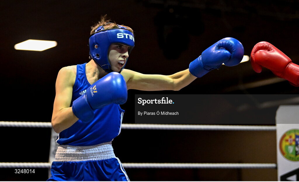 19 September 2025; Jude Reilly of Immaculata ABC Belfast in action against Harry Reddington of Cherry Orchard BC Dublin during their 42kg bout at the 2025 IABA National U17 Championship Finals at the National Boxing Stadium Photo by Piaras Ó Mídheach/Sportsfile