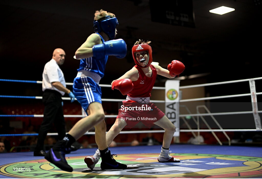 19 September 2025; Harry Reddington of Cherry Orchard BC Dublin, right, in action against Jude Reilly of Immaculata ABC Belfast during their 42kg bout at the 2025 IABA National U17 Championship Finals at the National Boxing Stadium in Dublin. Photo by Piaras Ó Mídheach/Sportsfile