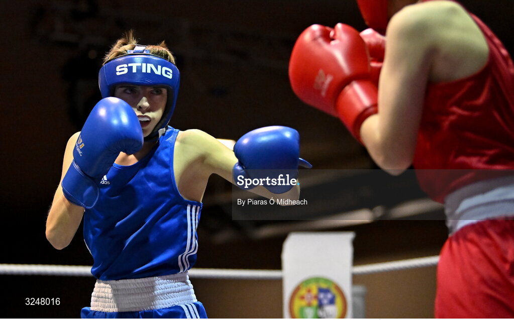 19 September 2025; Jude Reilly of Immaculata ABC Belfast, left, in action against Harry Reddington of Cherry Orchard BC Dublin during their 42kg bout at the 2025 IABA National U17 Championship Finals at the National Boxing Stadium Photo by Piaras Ó Mídheach/Sportsfile