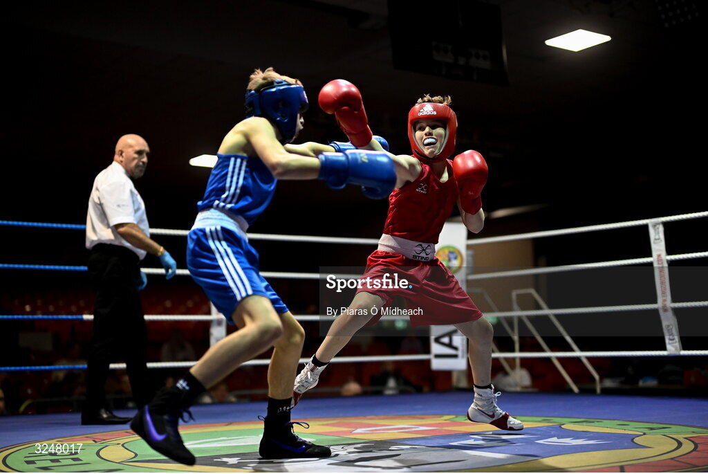 19 September 2025; Harry Reddington of Cherry Orchard BC Dublin, right, in action against Jude Reilly of Immaculata ABC Belfast during their 42kg bout at the 2025 IABA National U17 Championship Finals at the National Boxing Stadium in Dublin. Photo by Piaras Ó Mídheach/Sportsfile