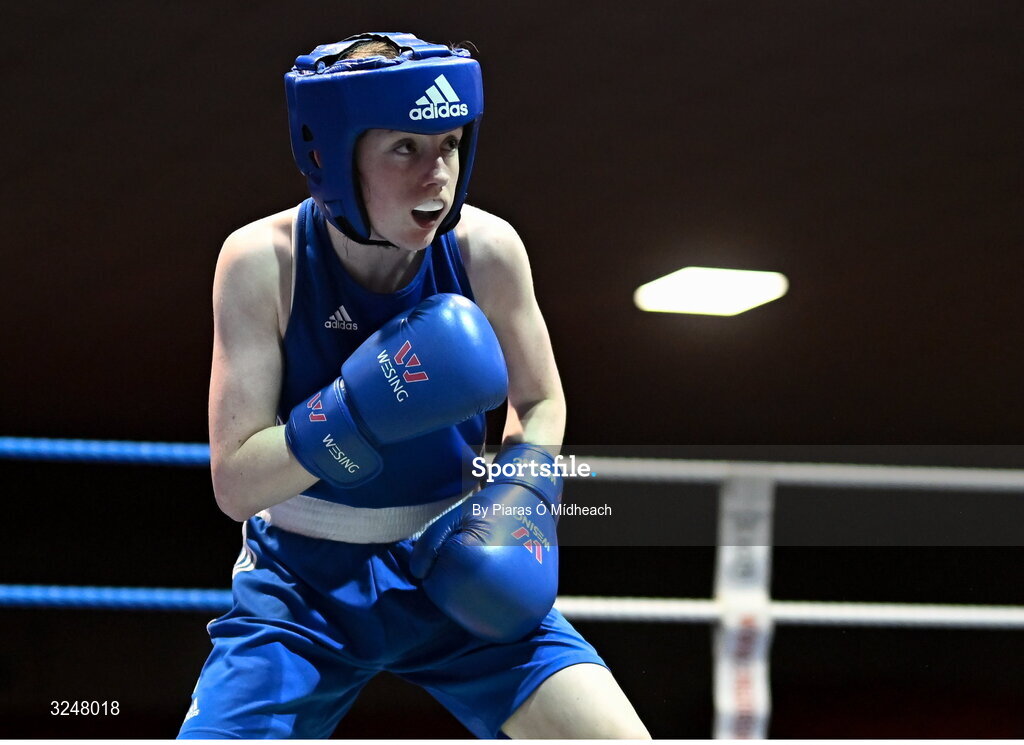 19 September 2025; Alanna Berry of Donore BC Dublin in action against Louise Joyce of Olympic BC Mullingar Westmeath during their 46kg bout at the 2025 IABA National U17 Championship Finals at the National Boxing Stadium in Dublin. Photo by Piaras Ó Mídheach/Sportsfile
