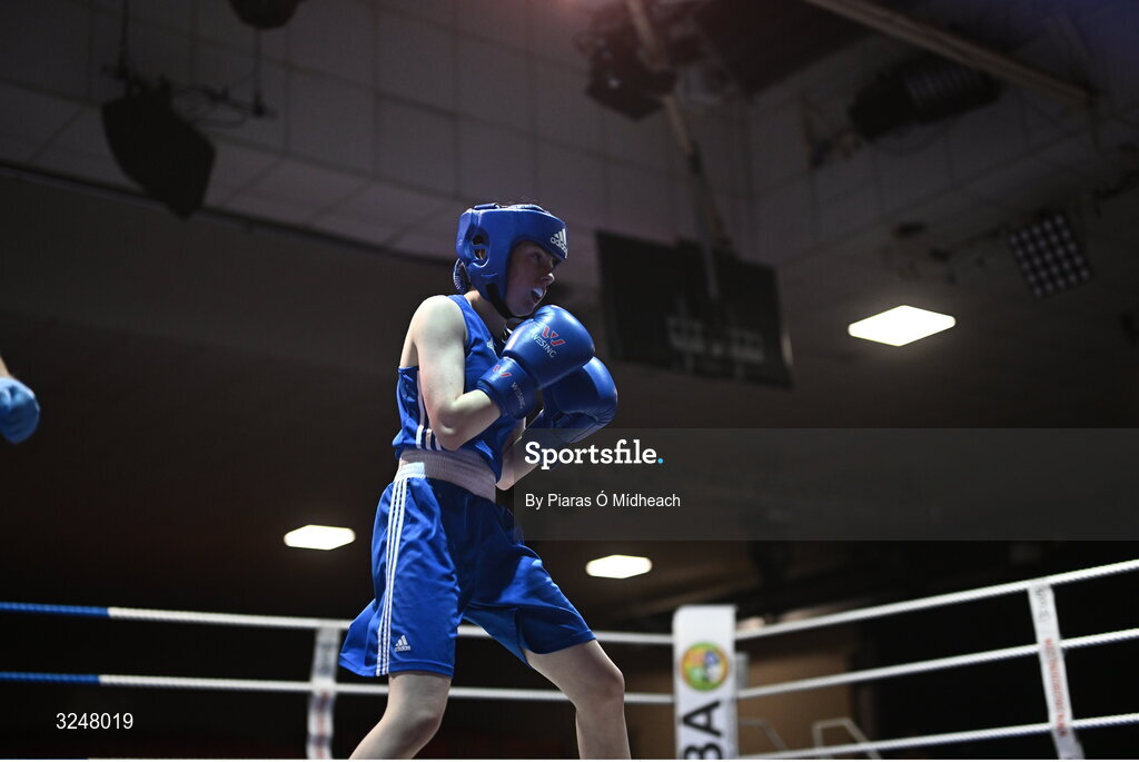 19 September 2025; Alanna Berry of Donore BC Dublin in action against Louise Joyce of Olympic BC Mullingar Westmeath during their 46kg bout at the 2025 IABA National U17 Championship Finals at the National Boxing Stadium in Dublin. Photo by Piaras Ó Mídheach/Sportsfile
