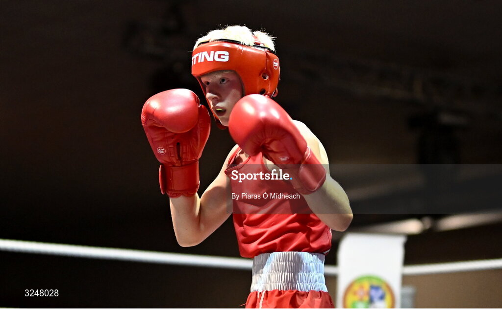 19 September 2025; Joshua Cairns of Oakleaf ABC Derry in action against Pat J Stokes of Mullingar Shuffler BC Westmeath during their 46kg bout at the 2025 IABA National U17 Championship Finals at the National Boxing Stadium in Dublin. Photo by Piaras Ó Mídheach/Sportsfile
