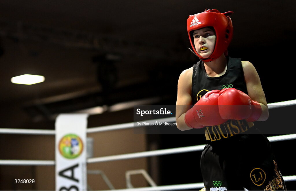19 September 2025; Louise Joyce of Olympic BC Mullingar Westmeath in action against Alanna Berry of Donore BC Dublin during their 46kg bout at the 2025 IABA National U17 Championship Finals at the National Boxing Stadium in Dublin. Photo by Piaras Ó Mídheach/Sportsfile