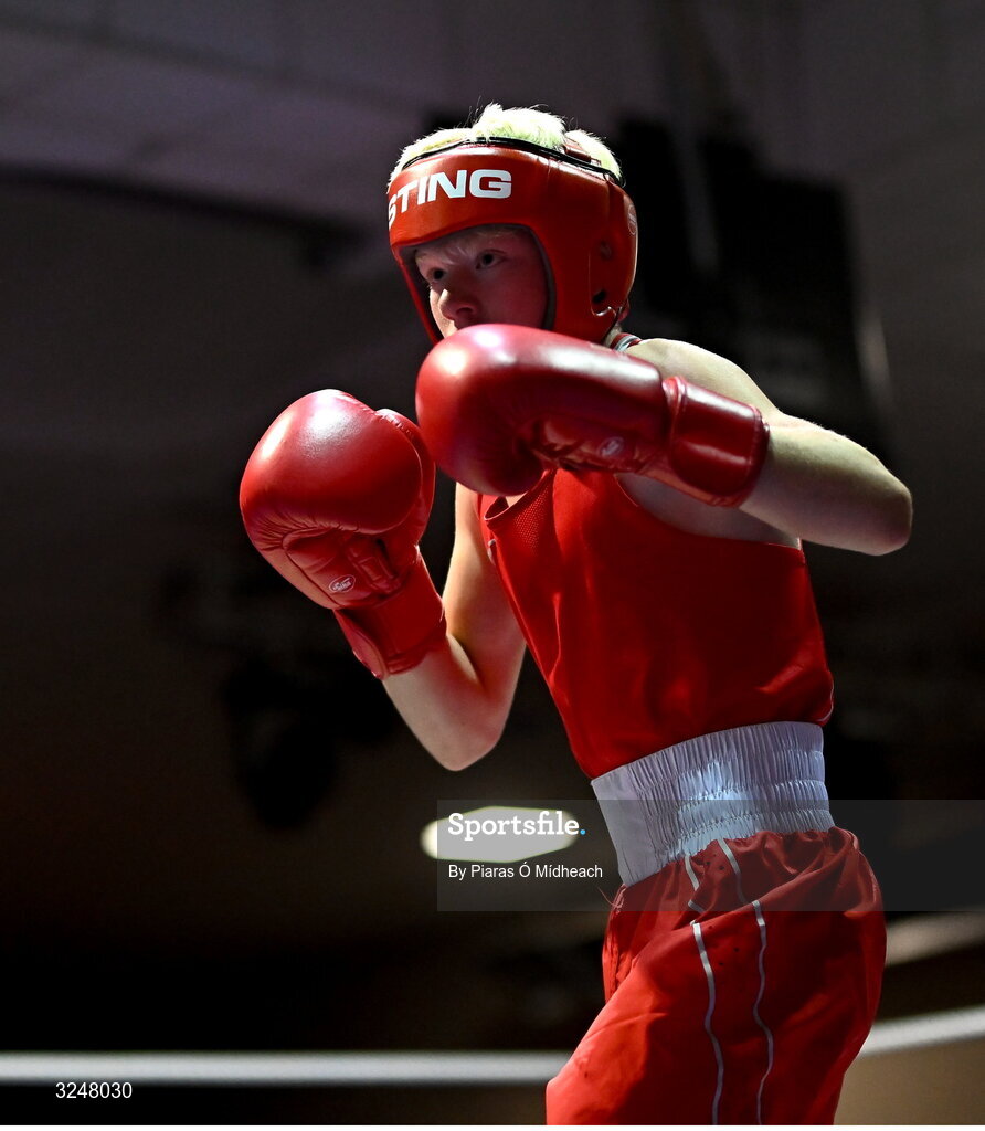19 September 2025; Joshua Cairns of Oakleaf ABC Derry in action against Pat J Stokes of Mullingar Shuffler BC Westmeath during their 46kg bout at the 2025 IABA National U17 Championship Finals at the National Boxing Stadium in Dublin. Photo by Piaras Ó Mídheach/Sportsfile