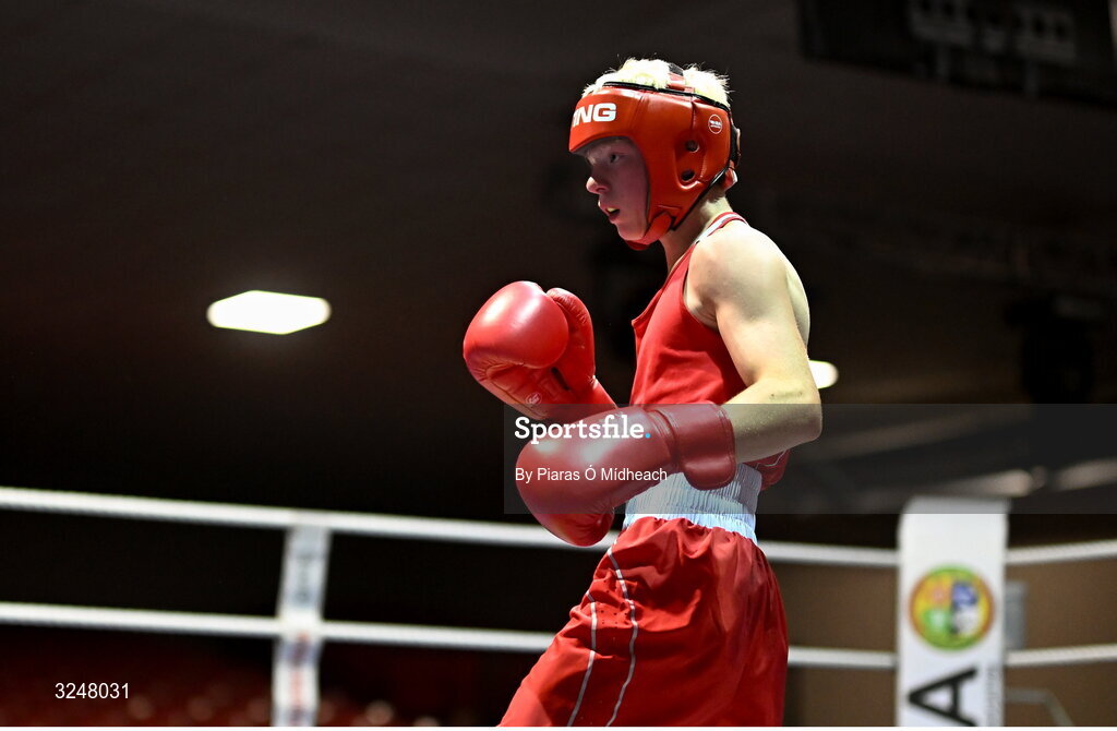 19 September 2025; Joshua Cairns of Oakleaf ABC Derry in action against Pat J Stokes of Mullingar Shuffler BC Westmeath during their 46kg bout at the 2025 IABA National U17 Championship Finals at the National Boxing Stadium in Dublin. Photo by Piaras Ó Mídheach/Sportsfile