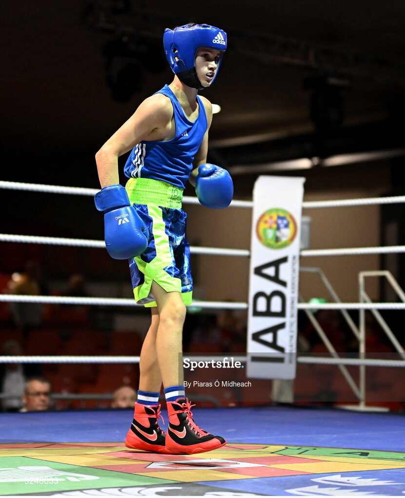 19 September 2025; Pat J Stokes of Mullingar Shuffler BC Westmeath in action against Joshua Cairns of Oakleaf ABC Derry during their 46kg bout at the 2025 IABA National U17 Championship Finals at the National Boxing Stadium in Dublin. Photo by Piaras Ó Mídheach/Sportsfile