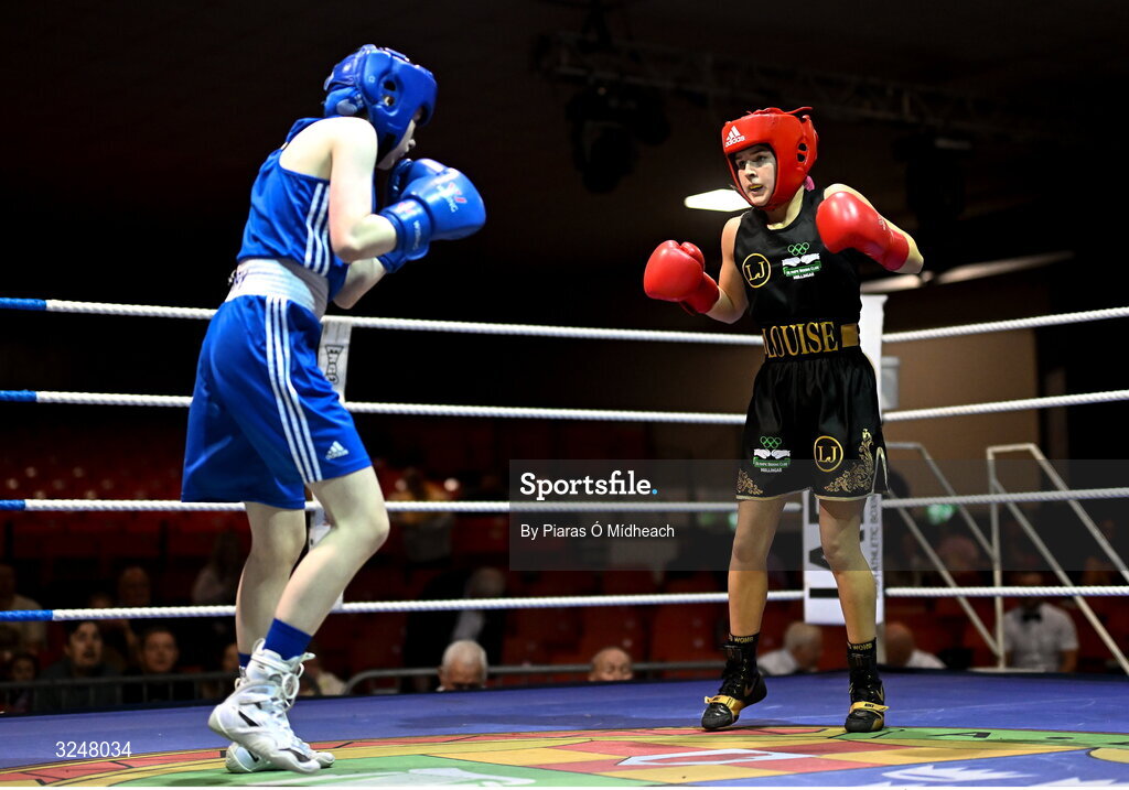 19 September 2025; Louise Joyce of Olympic BC Mullingar Westmeath, right, in action against Alanna Berry of Donore BC Dublin during their 46kg bout at the 2025 IABA National U17 Championship Finals at the National Boxing Stadium in Dublin. Photo by Piaras Ó Mídheach/Sportsfile