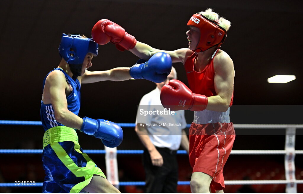 19 September 2025; Pat J Stokes of Mullingar Shuffler BC Westmeath, left, in action against Joshua Cairns of Oakleaf ABC Derry during their 46kg bout at the 2025 IABA National U17 Championship Finals at the National Boxing Stadium in Dublin. Photo by Piaras Ó Mídheach/Sportsfile
