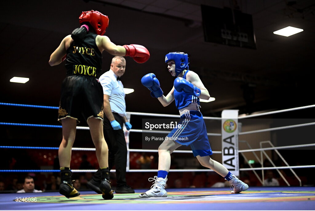 19 September 2025; Alanna Berry of Donore BC Dublin, right, in action against Louise Joyce of Olympic BC Mullingar Westmeath during their 46kg bout at the 2025 IABA National U17 Championship Finals at the National Boxing Stadium in Dublin. Photo by Piaras Ó Mídheach/Sportsfile