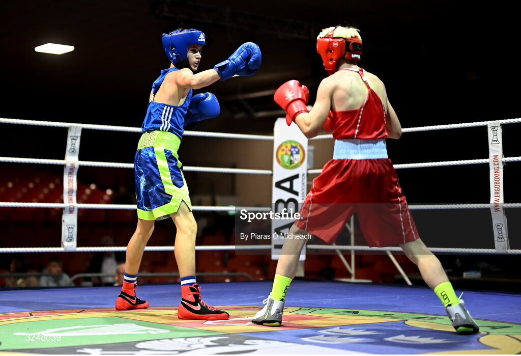 19 September 2025; Pat J Stokes of Mullingar Shuffler BC Westmeath, left, in action against Joshua Cairns of Oakleaf ABC Derry during their 46kg bout at the 2025 IABA National U17 Championship Finals at the National Boxing Stadium in Dublin. Photo by Piaras Ó Mídheach/Sportsfile