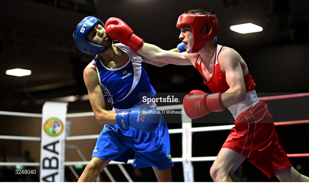 19 September 2025; Martin Nevin of Mullingar Shuffler BC Westmeath, right, in action against Emmet Shields of Glasnevin BC Dublin during their 48kg bout at the 2025 IABA National U17 Championship Finals at the National Boxing Stadium in Dublin. Photo by Piaras Ó Mídheach/Sportsfile