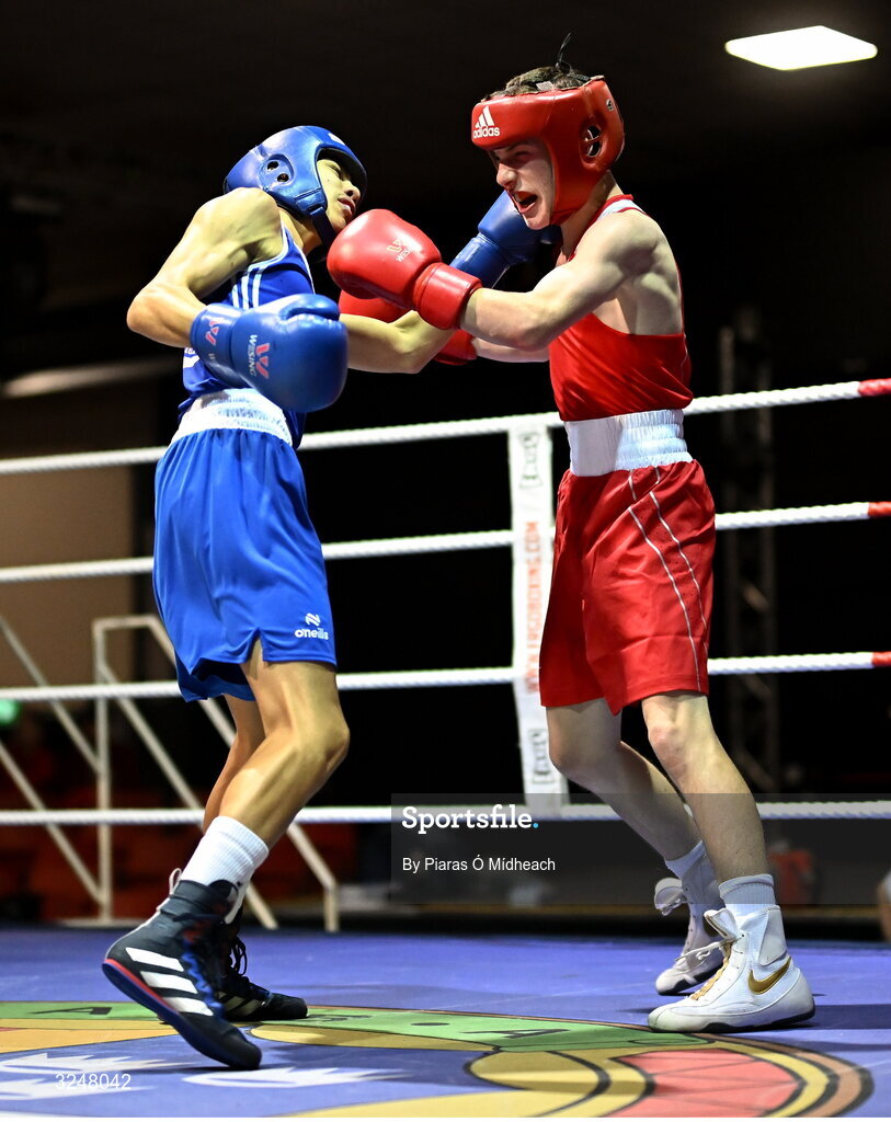19 September 2025; Martin Nevin of Mullingar Shuffler BC Westmeath, right, in action against Emmet Shields of Glasnevin BC Dublin during their 48kg bout at the 2025 IABA National U17 Championship Finals at the National Boxing Stadium in Dublin. Photo by Piaras Ó Mídheach/Sportsfile