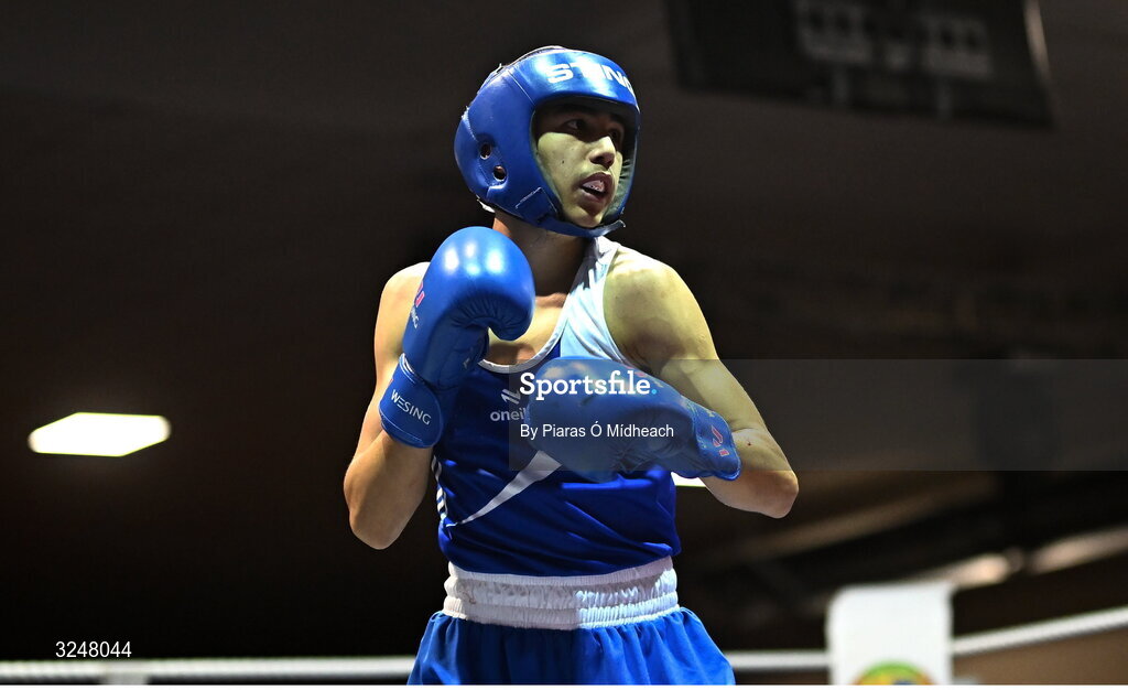 19 September 2025; Emmet Shields of Glasnevin BC Dublin in action against Martin Nevin of Mullingar Shuffler BC Westmeath during their 48kg bout at the 2025 IABA National U17 Championship Finals at the National Boxing Stadium in Dublin. Photo by Piaras Ó Mídheach/Sportsfile