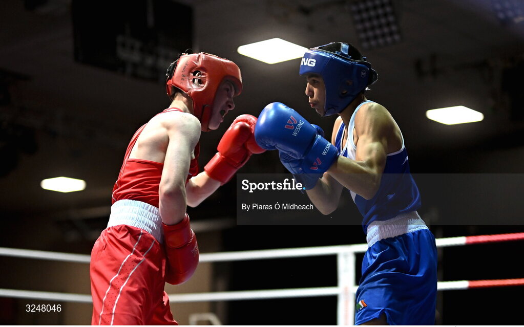 19 September 2025; Emmet Shields of Glasnevin BC Dublin, right, in action against Martin Nevin of Mullingar Shuffler BC Westmeath during their 48kg bout at the 2025 IABA National U17 Championship Finals at the National Boxing Stadium in Dublin. Photo by Piaras Ó Mídheach/Sportsfile