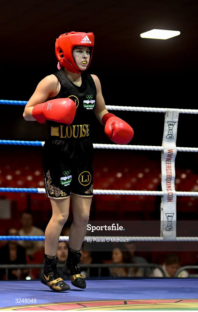 19 September 2025; Louise Joyce of Olympic BC Mullingar Westmeath in action against Alanna Berry of Donore BC Dublin during their 46kg bout at the 2025 IABA National U17 Championship Finals at the National Boxing Stadium in Dublin. Photo by Piaras Ó Mídheach/Sportsfile