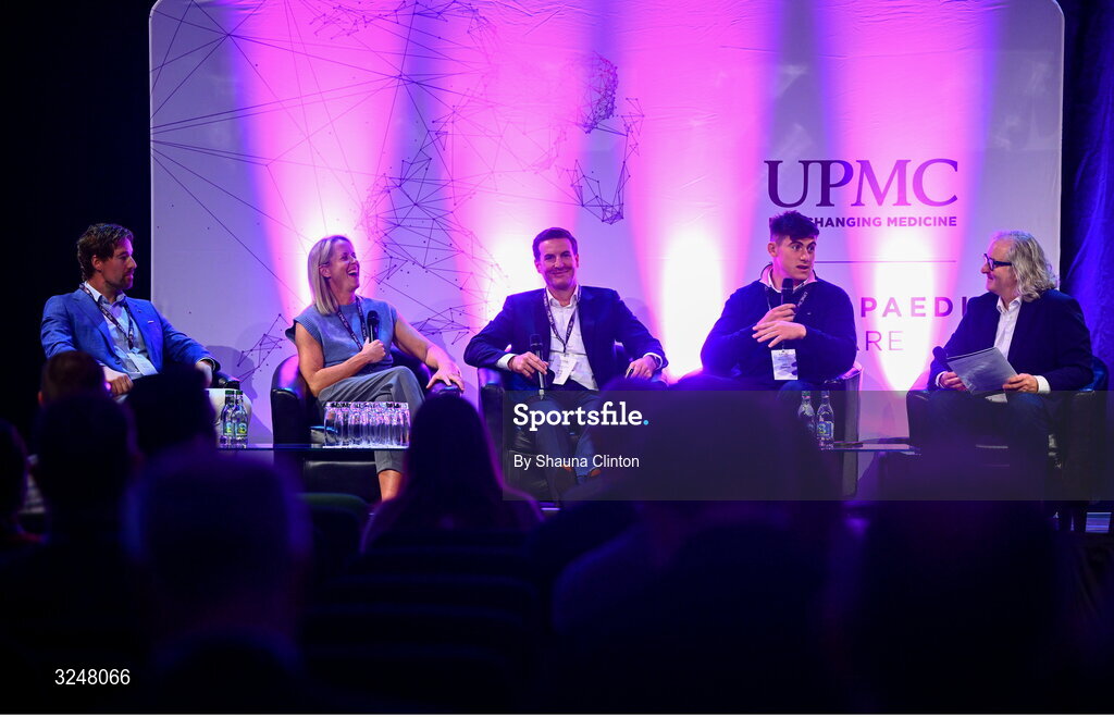 27 September 2025; Attendees, from left, UPMC Sports Surgey Clinic head of strength and conditioning and lab services, IRFU specialist rehabilitation physiotherapist Emma Gallivan, consultant orthopaedic surgeon Brian Devitt, Irish Rugby international and Leinster player Dan Sheehan and MC Ger Gilroy during the UPMC Orthopaedic Care and Sports Medicine Conference at The Convention Centre in Dublin. Photo by Shauna Clinton/Sportsfile