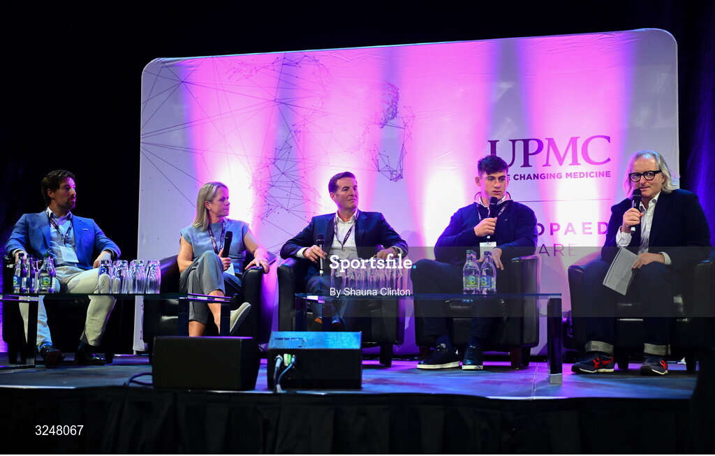 27 September 2025; Attendees, from left, UPMC Sports Surgey Clinic head of strength and conditioning and lab services, IRFU specialist rehabilitation physiotherapist Emma Gallivan, consultant orthopaedic surgeon Brian Devitt, Irish Rugby international and Leinster player Dan Sheehan and MC Ger Gilroy during the UPMC Orthopaedic Care and Sports Medicine Conference at The Convention Centre in Dublin. Photo by Shauna Clinton/Sportsfile