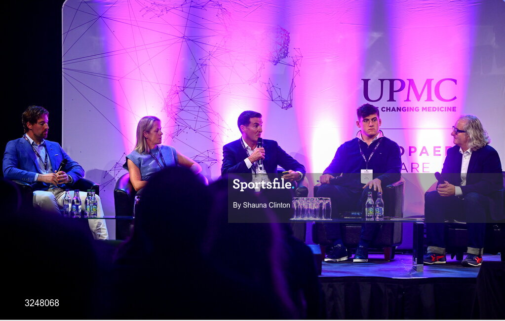 27 September 2025; Attendees, from left, UPMC Sports Surgey Clinic head of strength and conditioning and lab services, IRFU specialist rehabilitation physiotherapist Emma Gallivan, consultant orthopaedic surgeon Brian Devitt, Irish Rugby international and Leinster player Dan Sheehan and MC Ger Gilroy during the UPMC Orthopaedic Care and Sports Medicine Conference at The Convention Centre in Dublin. Photo by Shauna Clinton/Sportsfile