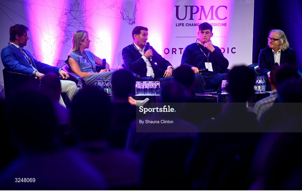 27 September 2025; Attendees, from left, UPMC Sports Surgey Clinic head of strength and conditioning and lab services, IRFU specialist rehabilitation physiotherapist Emma Gallivan, consultant orthopaedic surgeon Brian Devitt, Irish Rugby international and Leinster player Dan Sheehan and MC Ger Gilroy during the UPMC Orthopaedic Care and Sports Medicine Conference at The Convention Centre in Dublin. Photo by Shauna Clinton/Sportsfile