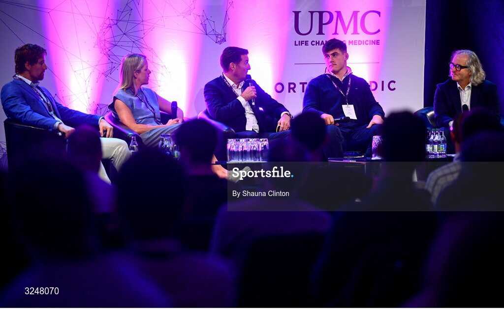 27 September 2025; Attendees, from left, UPMC Sports Surgey Clinic head of strength and conditioning and lab services, IRFU specialist rehabilitation physiotherapist Emma Gallivan, consultant orthopaedic surgeon Brian Devitt, Irish Rugby international and Leinster player Dan Sheehan and MC Ger Gilroy during the UPMC Orthopaedic Care and Sports Medicine Conference at The Convention Centre in Dublin. Photo by Shauna Clinton/Sportsfile