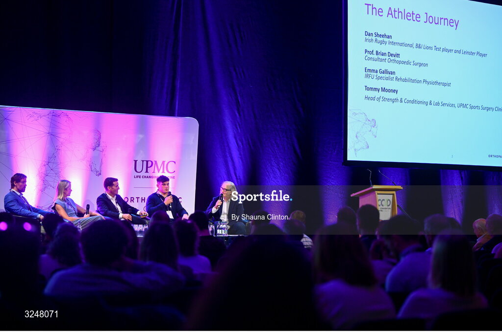 27 September 2025; Attendees, from left, UPMC Sports Surgey Clinic head of strength and conditioning and lab services, IRFU specialist rehabilitation physiotherapist Emma Gallivan, consultant orthopaedic surgeon Brian Devitt, Irish Rugby international and Leinster player Dan Sheehan and MC Ger Gilroy during the UPMC Orthopaedic Care and Sports Medicine Conference at The Convention Centre in Dublin. Photo by Shauna Clinton/Sportsfile