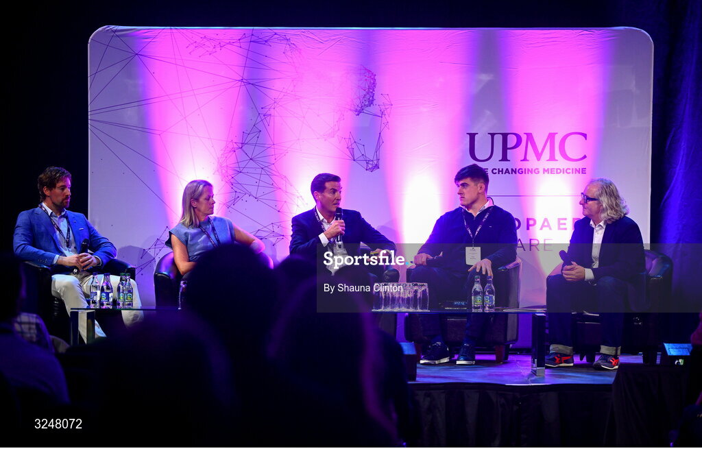 27 September 2025; Attendees, from left, UPMC Sports Surgey Clinic head of strength and conditioning and lab services, IRFU specialist rehabilitation physiotherapist Emma Gallivan, consultant orthopaedic surgeon Brian Devitt, Irish Rugby international and Leinster player Dan Sheehan and MC Ger Gilroy during the UPMC Orthopaedic Care and Sports Medicine Conference at The Convention Centre in Dublin. Photo by Shauna Clinton/Sportsfile