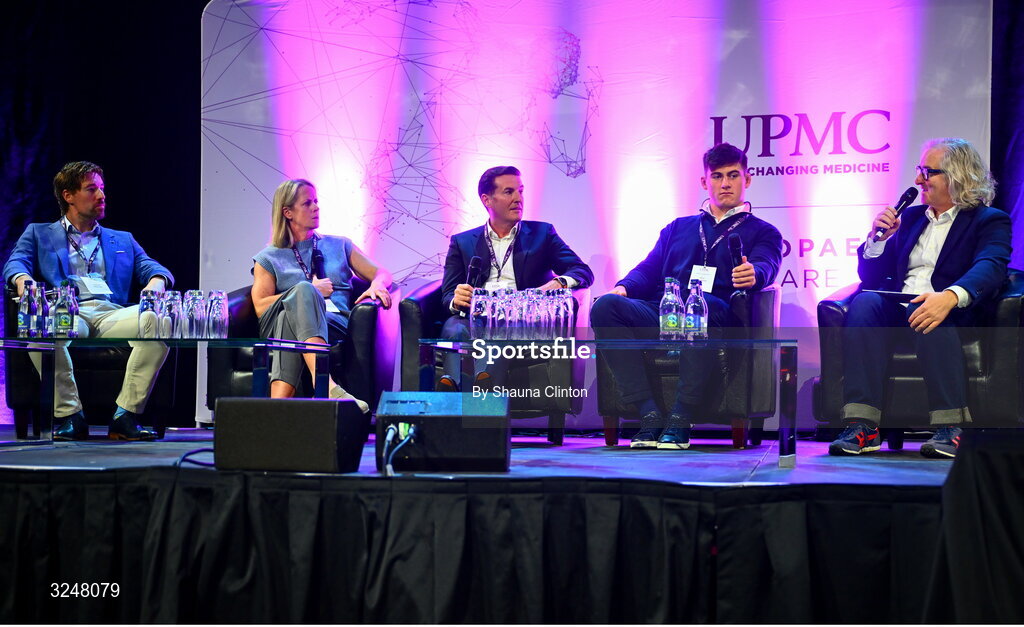27 September 2025; Attendees, from left, UPMC Sports Surgey Clinic head of strength and conditioning and lab services Tommy Mooney, IRFU specialist rehabilitation physiotherapist Emma Gallivan, consultant orthopaedic surgeon Brian Devitt, Irish Rugby international and Leinster player Dan Sheehan and MC Ger Gilroy during the UPMC Orthopaedic Care and Sports Medicine Conference at The Convention Centre in Dublin. Photo by Shauna Clinton/Sportsfile